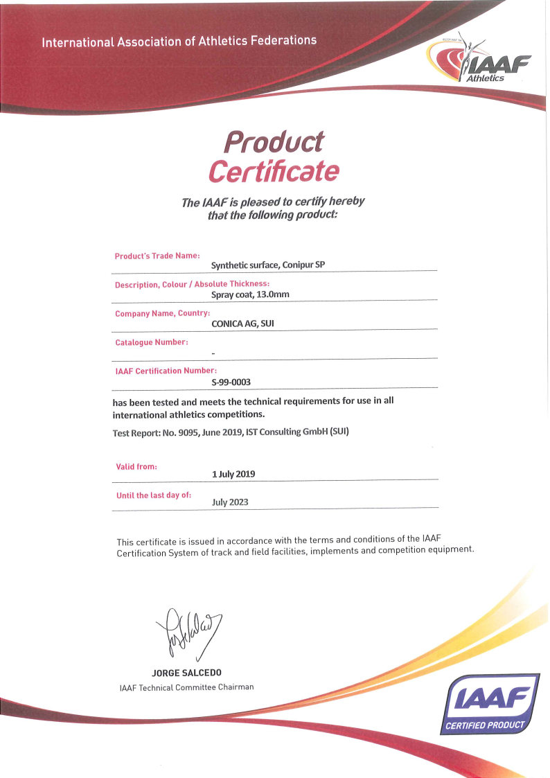 CONIPUR-SP certifikát IAAF